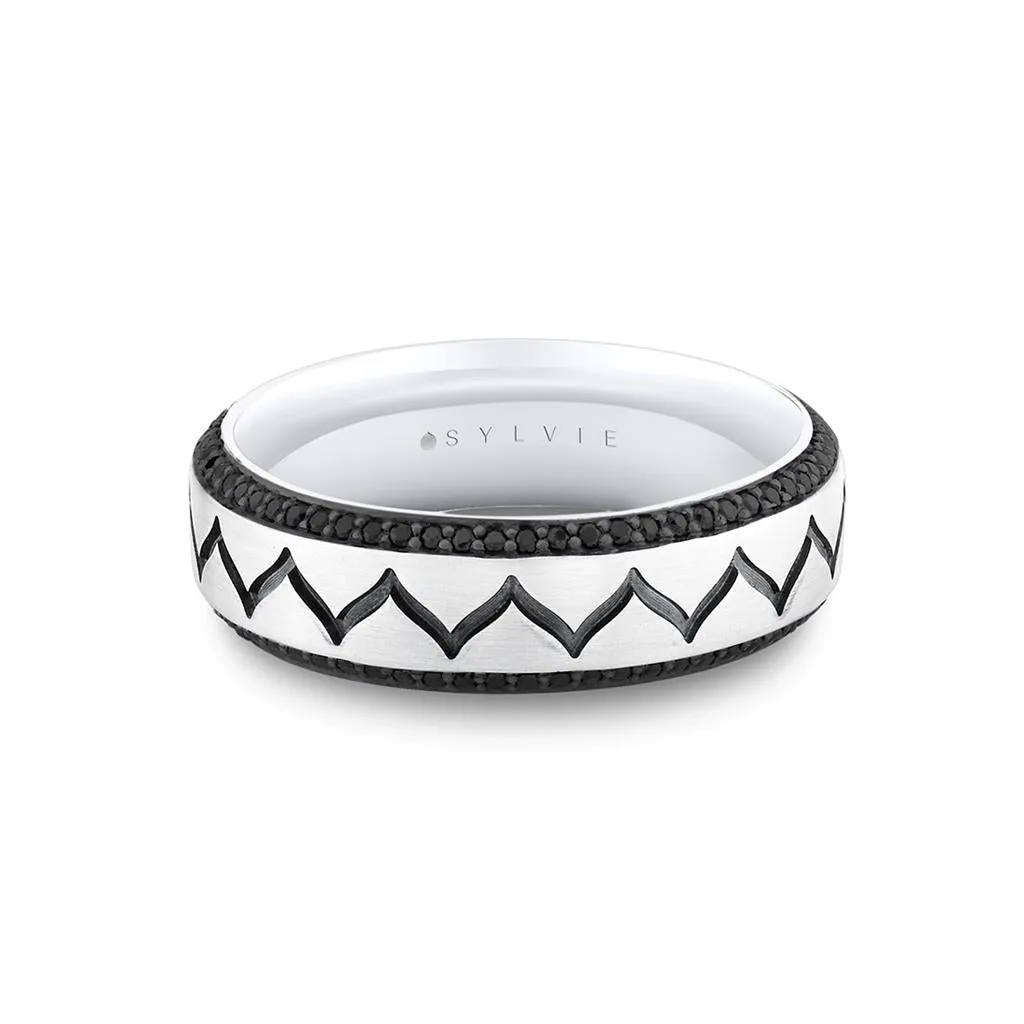 14K White Gold Black Diamond Wedding Band With Zig Zag Pattern