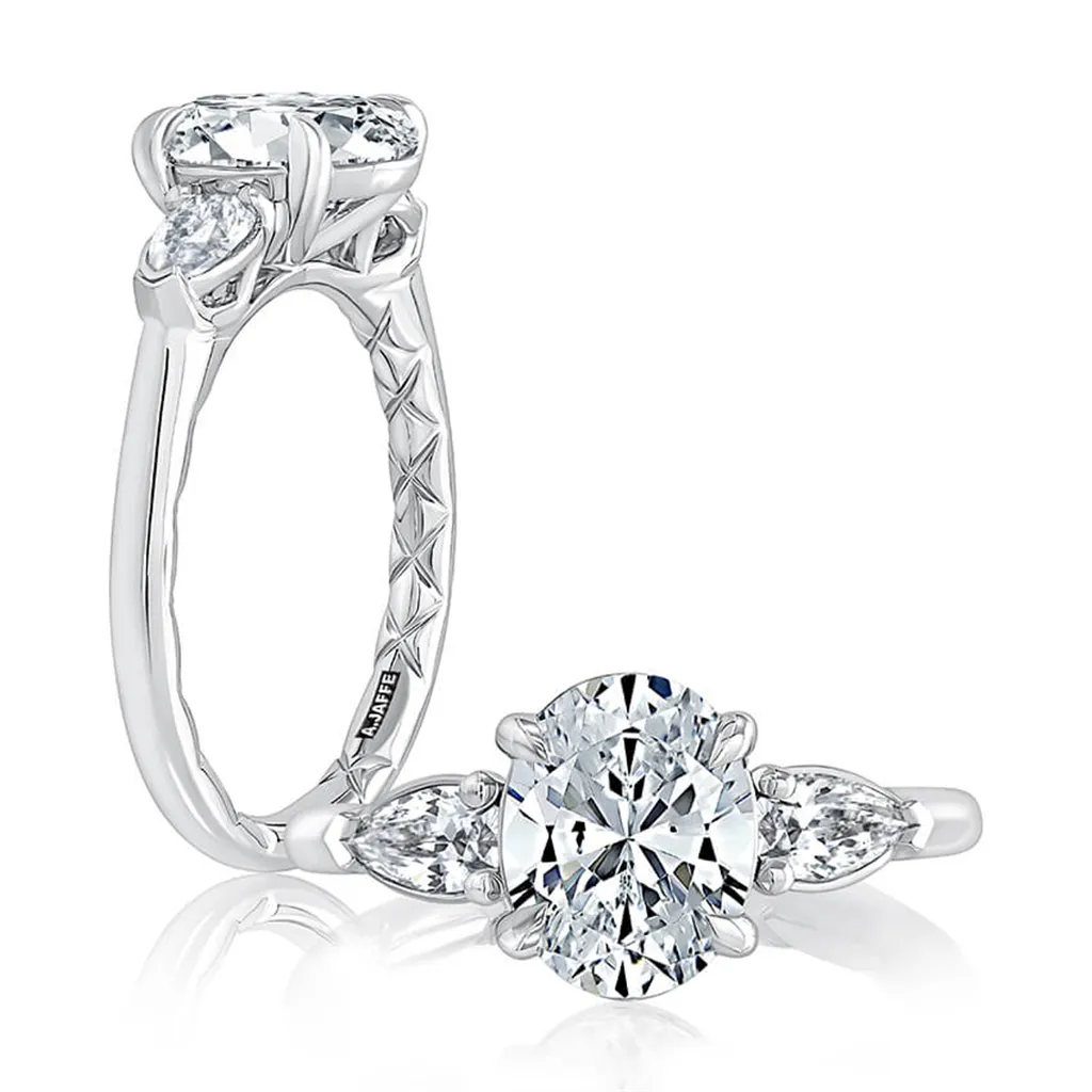 14K White Gold Three Stone Oval Natural Diamonds Engagement Ring
