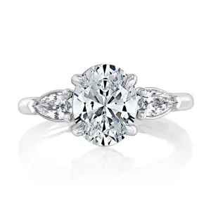 14K White Gold Three Stone Oval Natural Diamonds Engagement Ring