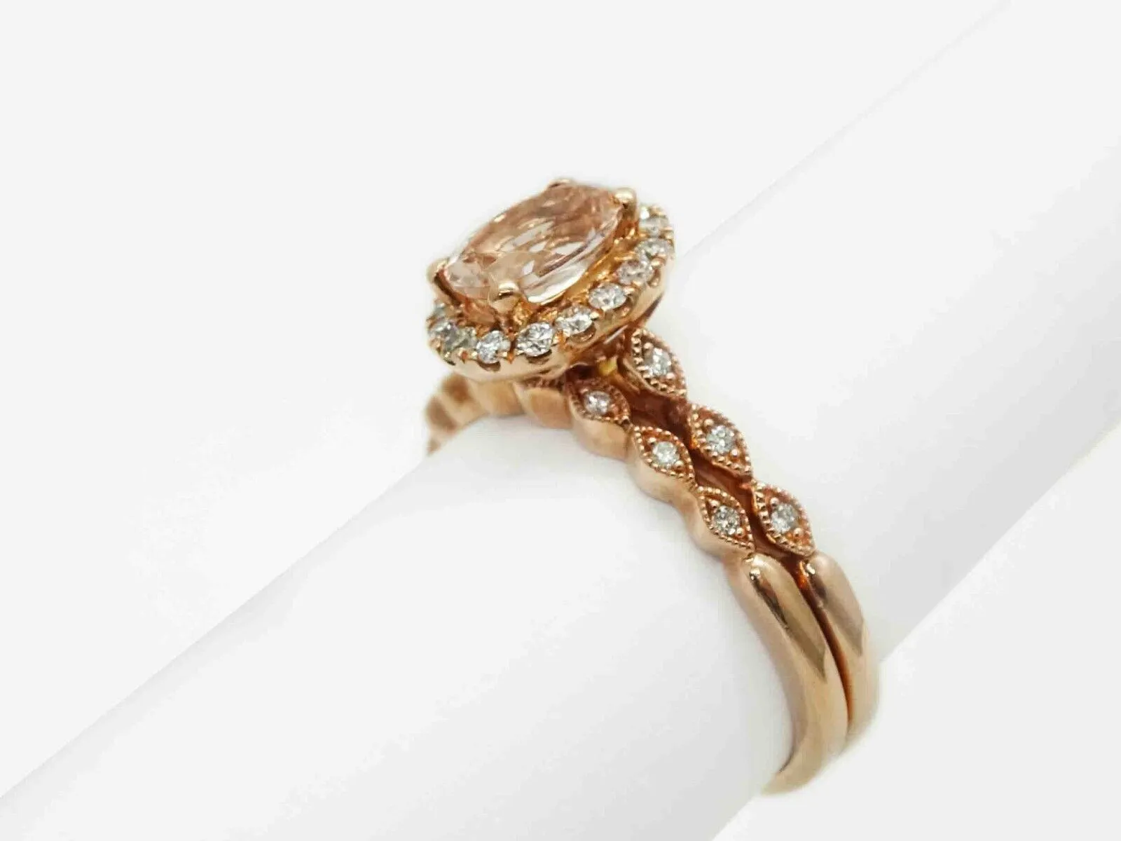 1.50ct tw Morganite & Diamond Halo Engagement & Wedding Set 10k Rose Gold Size 7