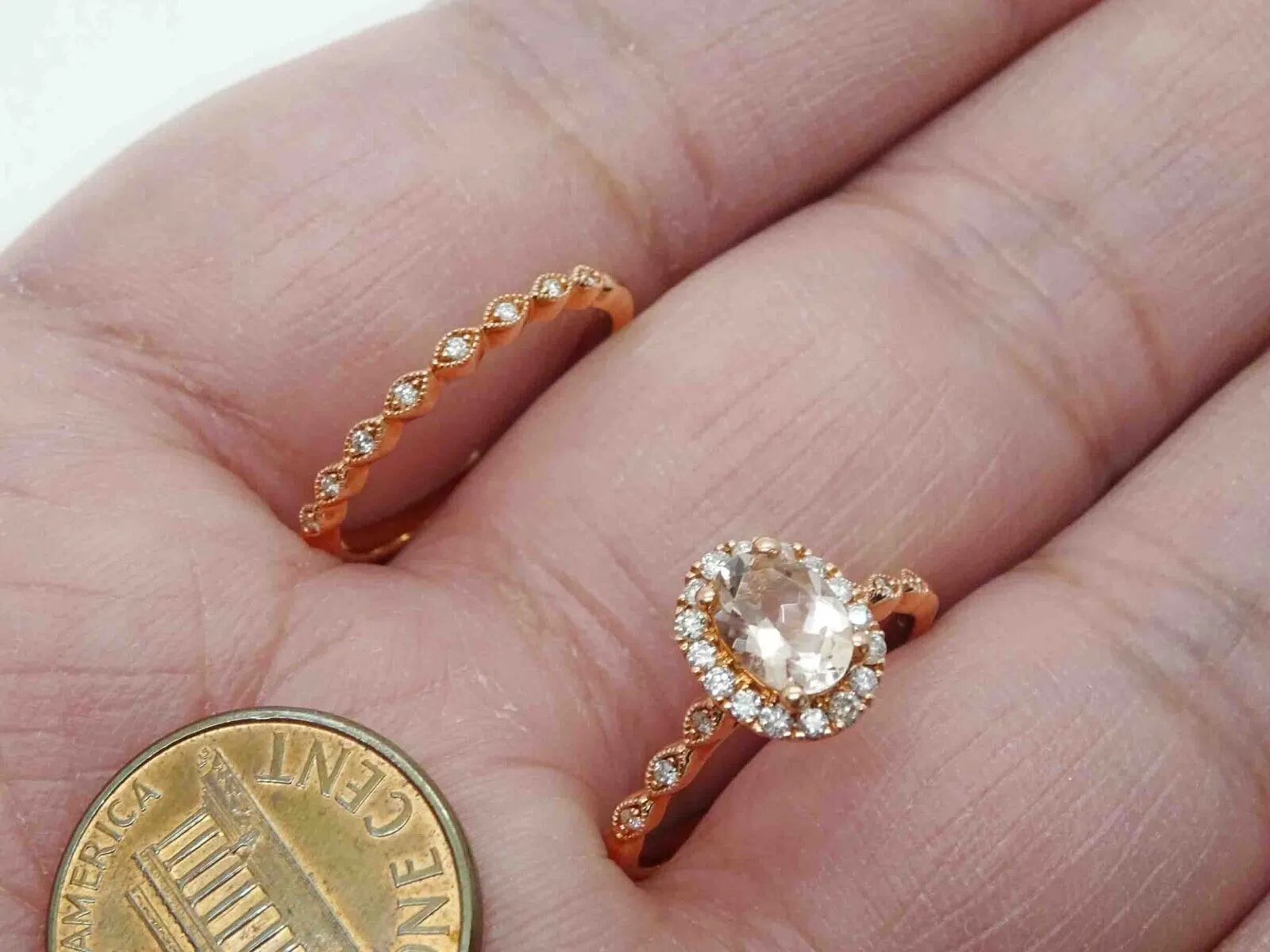 1.50ct tw Morganite & Diamond Halo Engagement & Wedding Set 10k Rose Gold Size 7