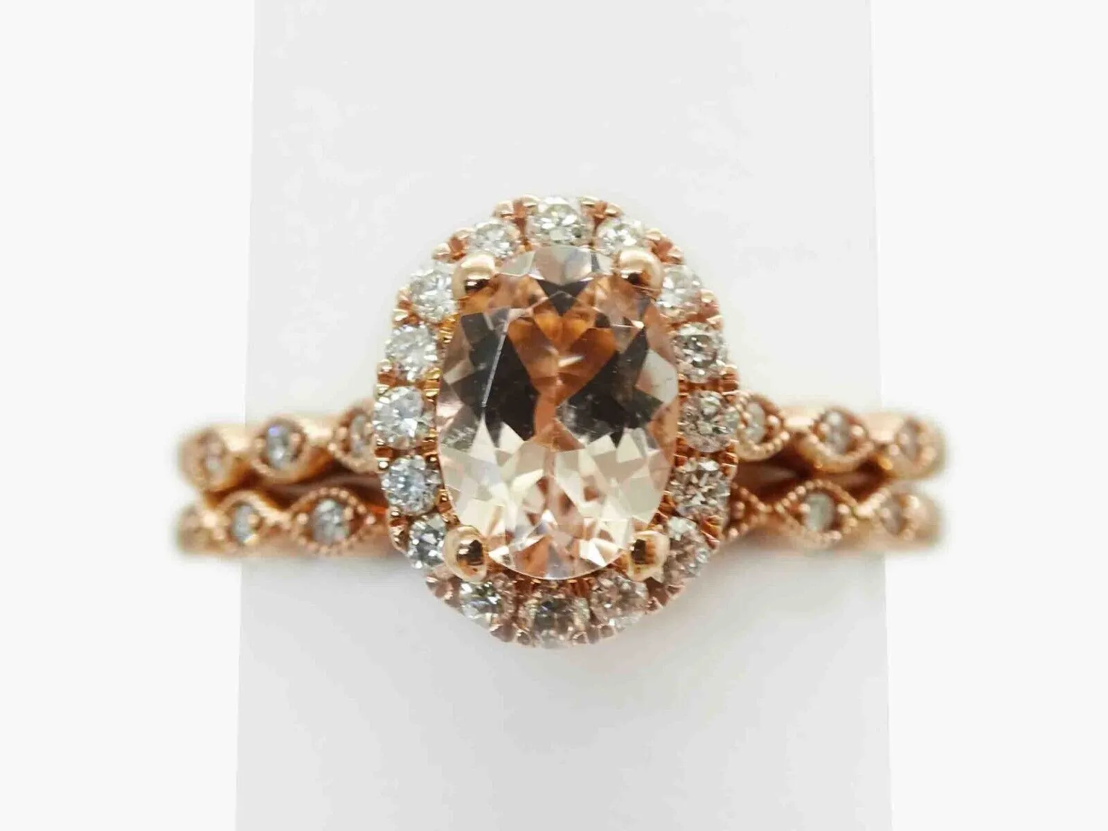 1.50ct tw Morganite & Diamond Halo Engagement & Wedding Set 10k Rose Gold Size 7