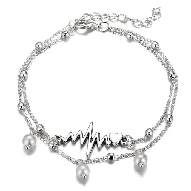 17KM 6 Design Fashion Anklets Bracelet For Ankle 2019 Vintage Silver Simulation Pearl Heart Beads Anklet Woman Bohemian Jewelry