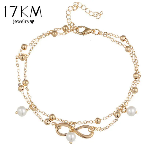17KM New Double Infinite Beads Pendant Anklet Foot Chain For Woman Summer Bracelet Charm 2 Color Anklets Foot Jewelry Gift