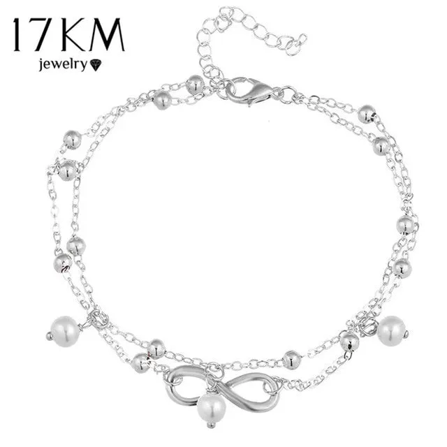 17KM New Double Infinite Beads Pendant Anklet Foot Chain For Woman Summer Bracelet Charm 2 Color Anklets Foot Jewelry Gift