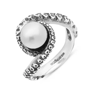 18ct White Gold Freshwater Pearl Bead Twist Tentacle Ring