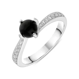 18ct White Gold Whitby Jet 0.16ct Diamond Tapered Shoulder Ring