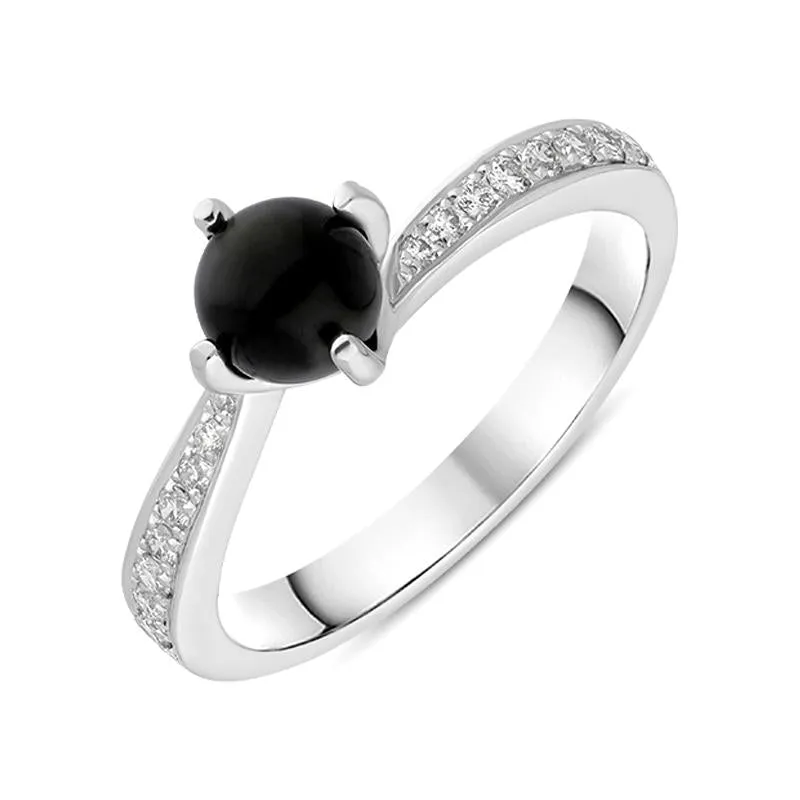 18ct White Gold Whitby Jet 0.16ct Diamond Tapered Shoulder Ring