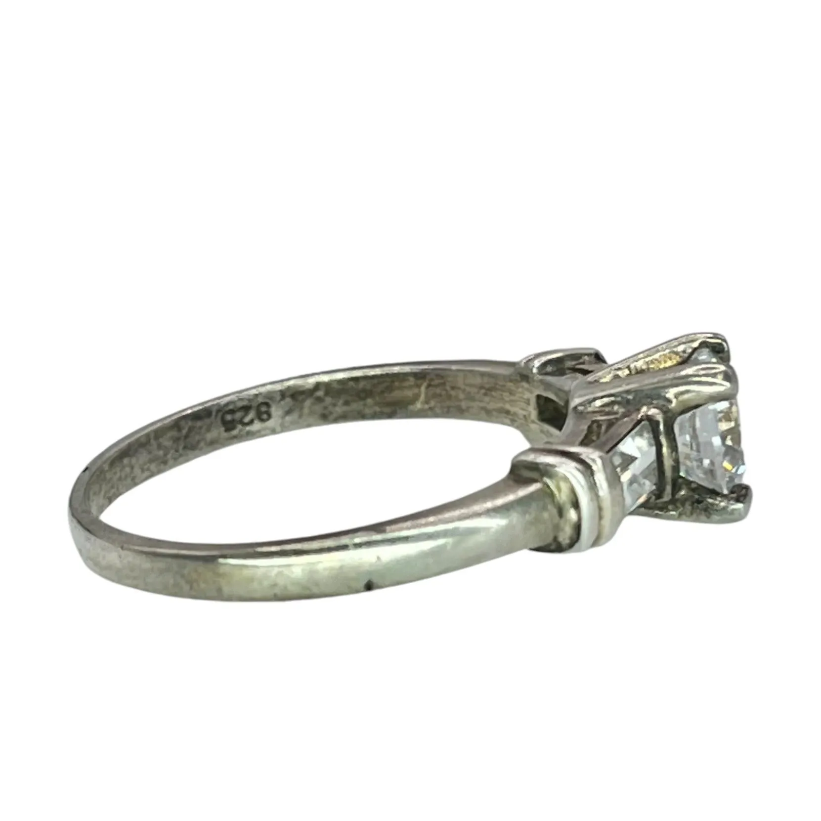 925 Silver Round Cut CZ Ring Size 9 Engagement Wedding Tapered Baguette Accents