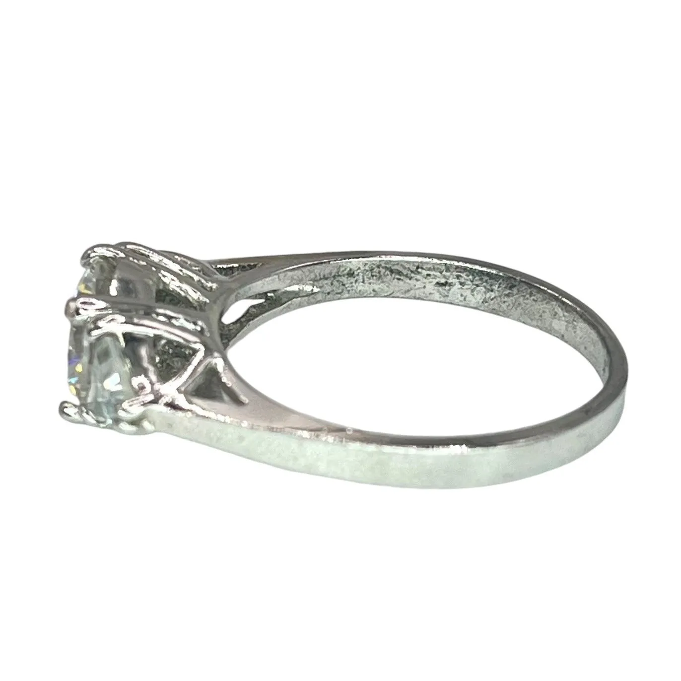 925 Silver Round Cut Trillion Accents 3 Stone CZ Ring Sz 7.75 Engagement Bridal