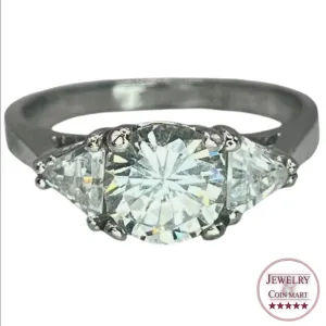 925 Silver Round Cut Trillion Accents 3 Stone CZ Ring Sz 7.75 Engagement Bridal