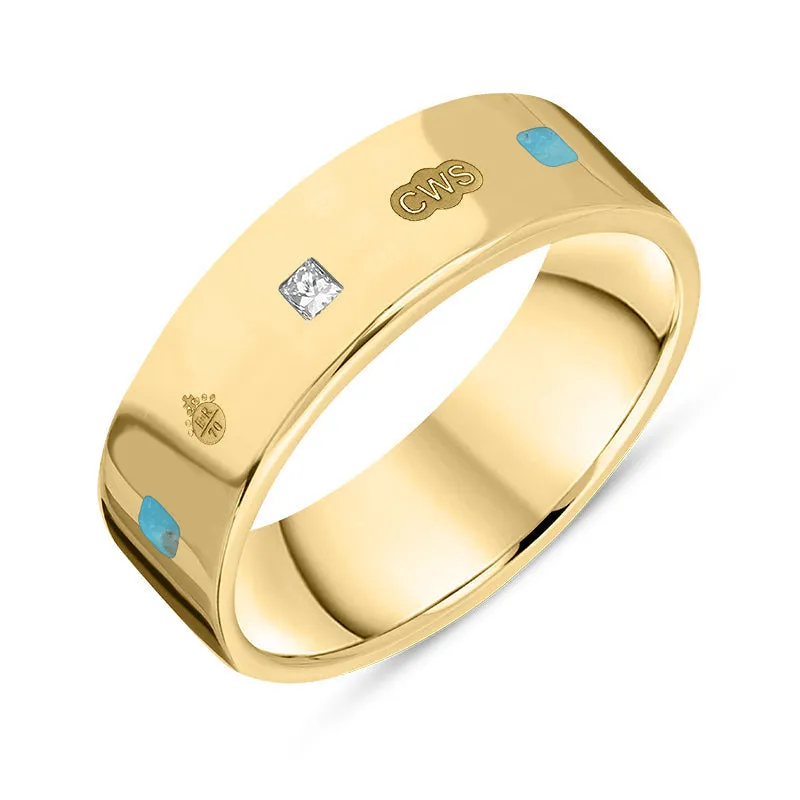 9ct Yellow Gold Turquoise 0.18ct Diamond Queen's Jubilee Hallmark Princess Cut 6mm Ring D