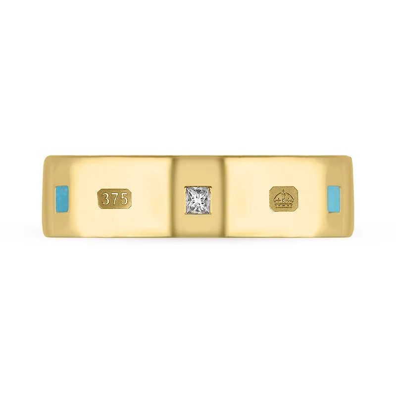 9ct Yellow Gold Turquoise 0.18ct Diamond Queen's Jubilee Hallmark Princess Cut 6mm Ring D