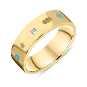 9ct Yellow Gold Turquoise 0.18ct Diamond Queen's Jubilee Hallmark Princess Cut 6mm Ring D
