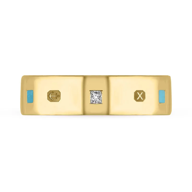 9ct Yellow Gold Turquoise 0.18ct Diamond Queen's Jubilee Hallmark Princess Cut 6mm Ring D