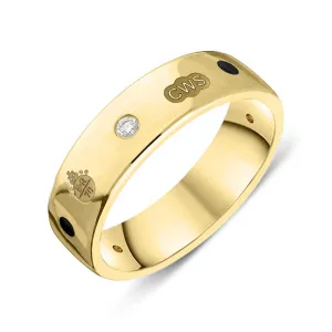 9ct Yellow Gold Whitby Jet 0.09ct Diamond Queen's Jubilee Hallmark 6mm Ring D
