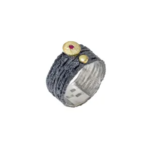Apostolos Ring with Two Round Gold Circles and Ruby