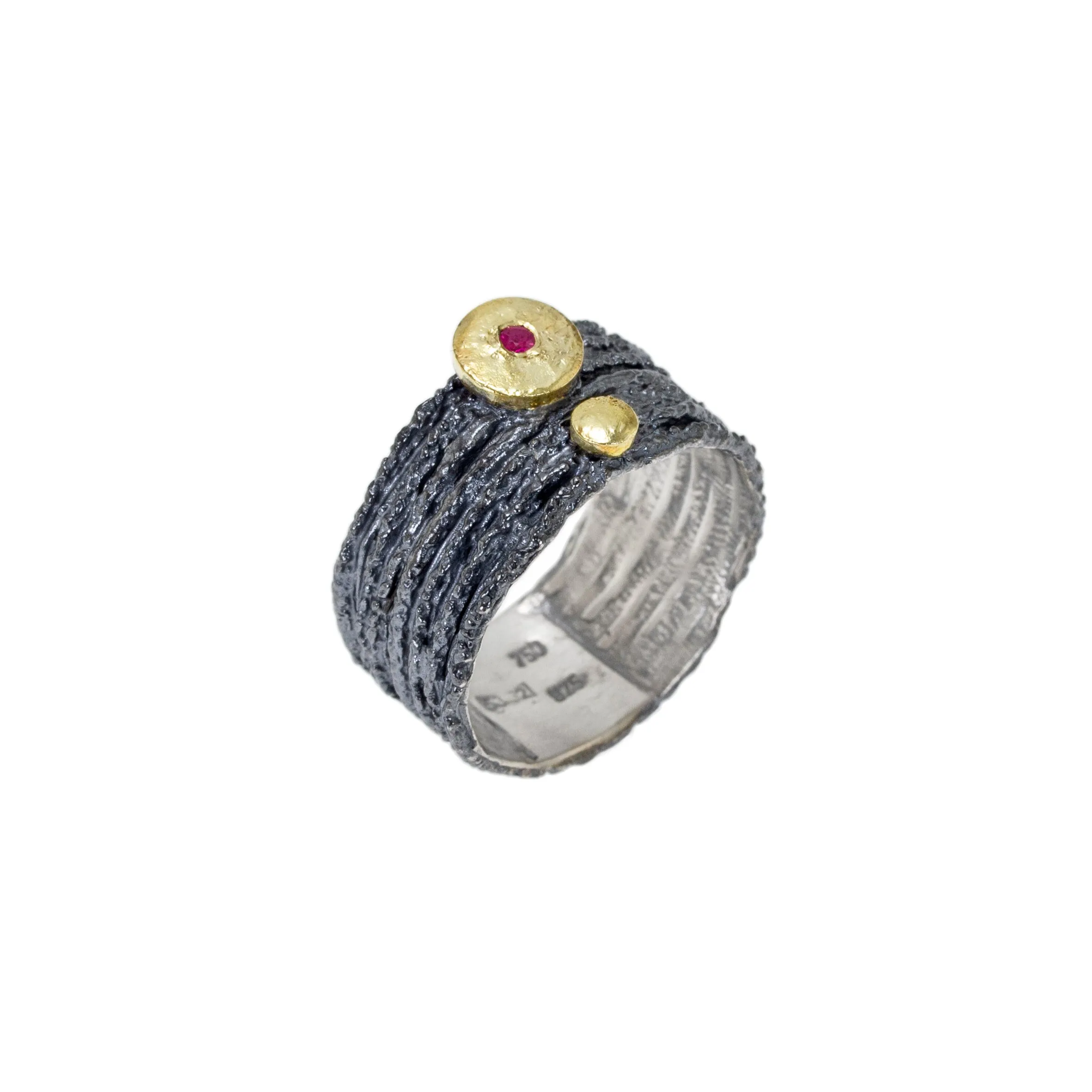 Apostolos Ring with Two Round Gold Circles and Ruby