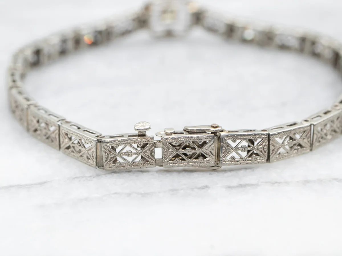 Art Deco White Gold Diamond Filigree Link Bracelet