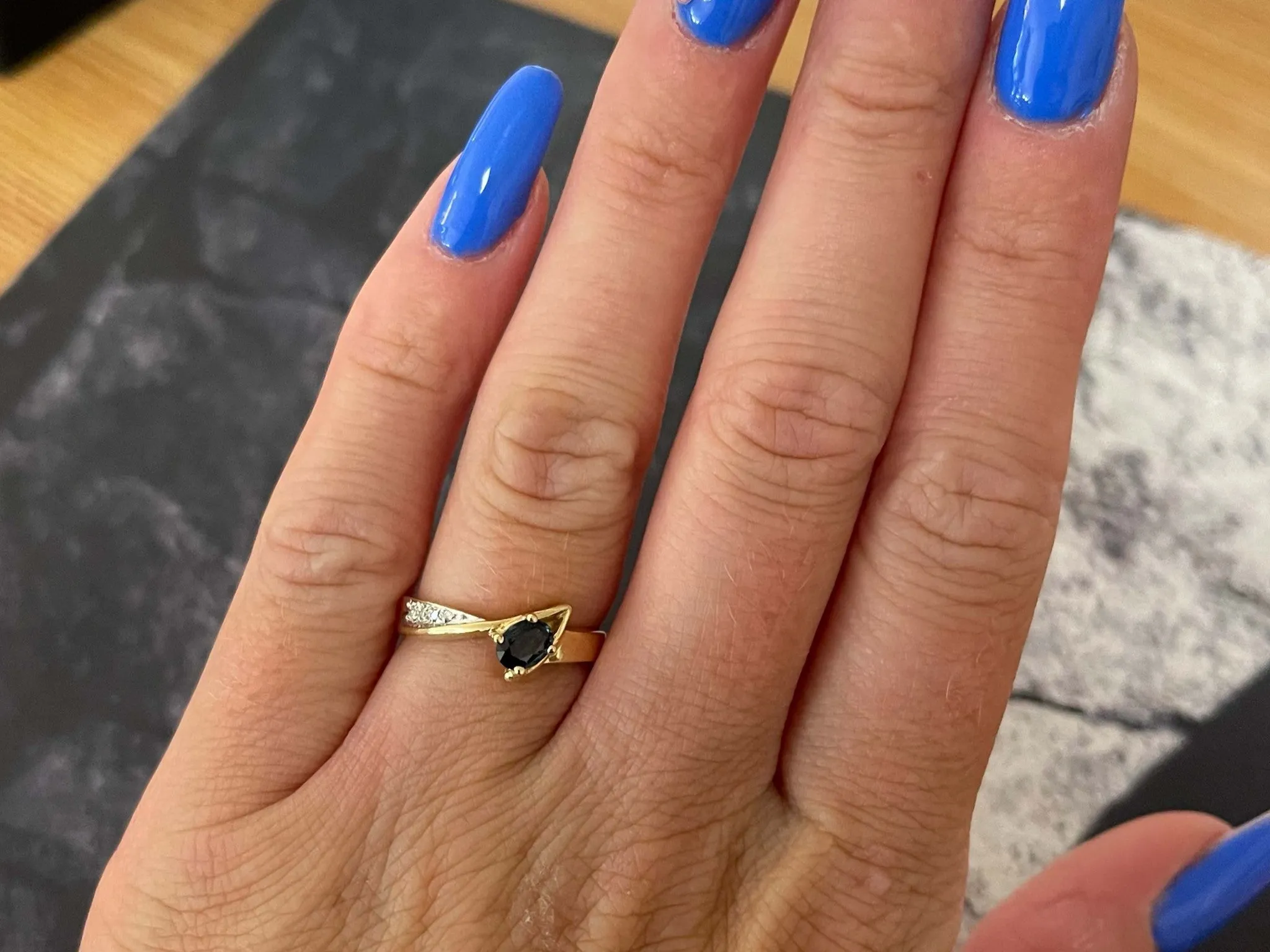 Blue Oval Sapphire and Diamond Lightning Bolt Ring in 14k Yellow Gold