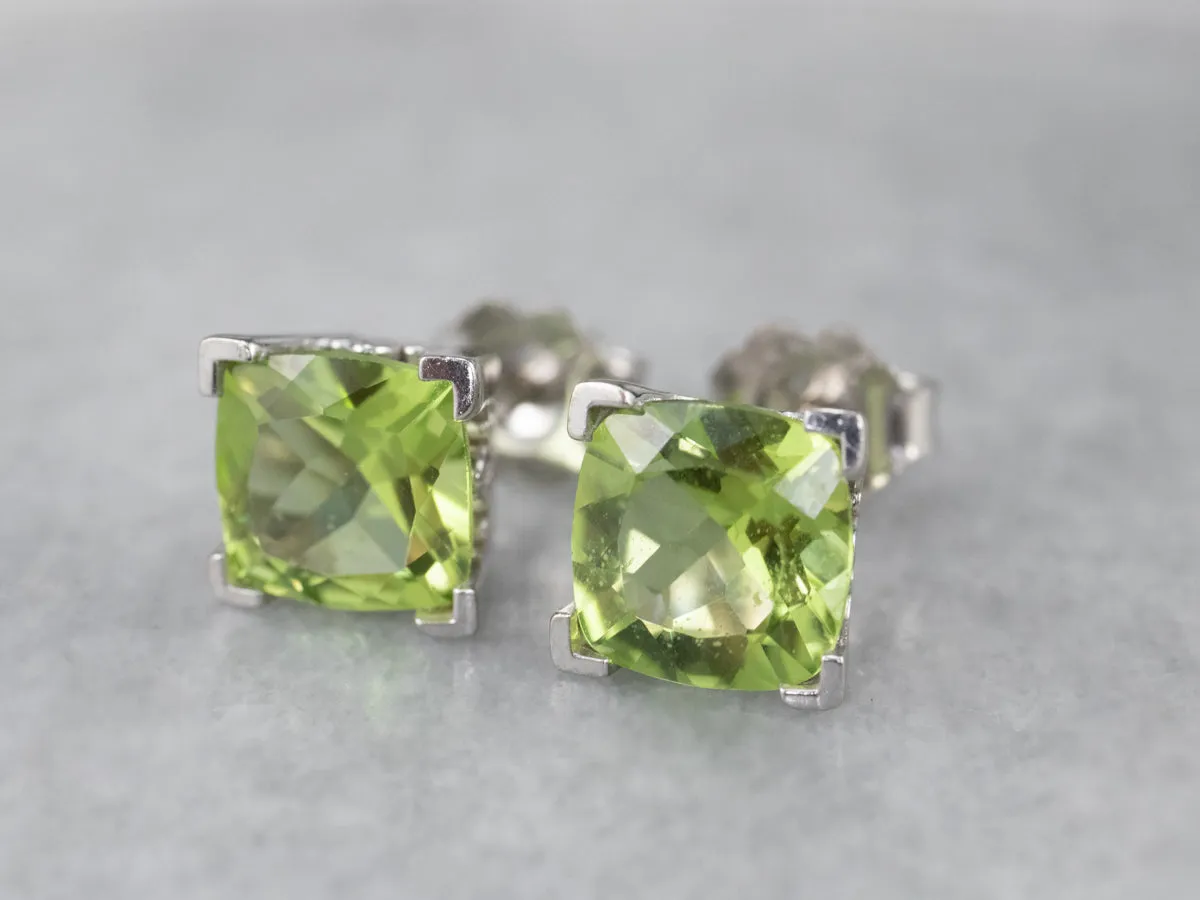 Cushion Cut Peridot White Gold Stud Earrings