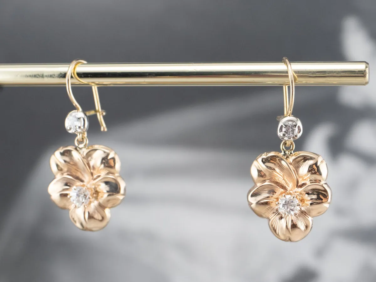 Diamond Floral Gold Drop Earrings