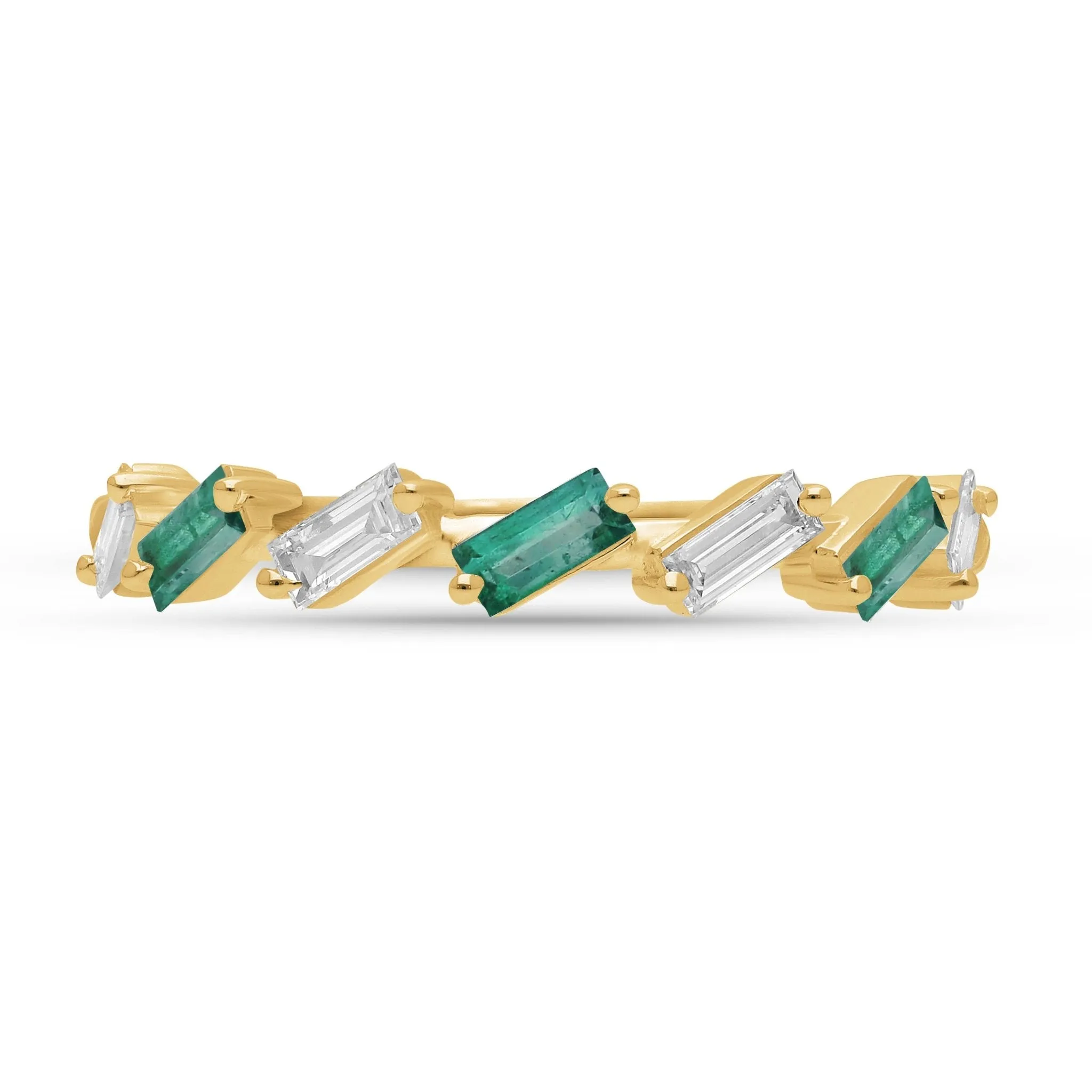 Emerald and Diamond Baguette Alternating Ring - YG