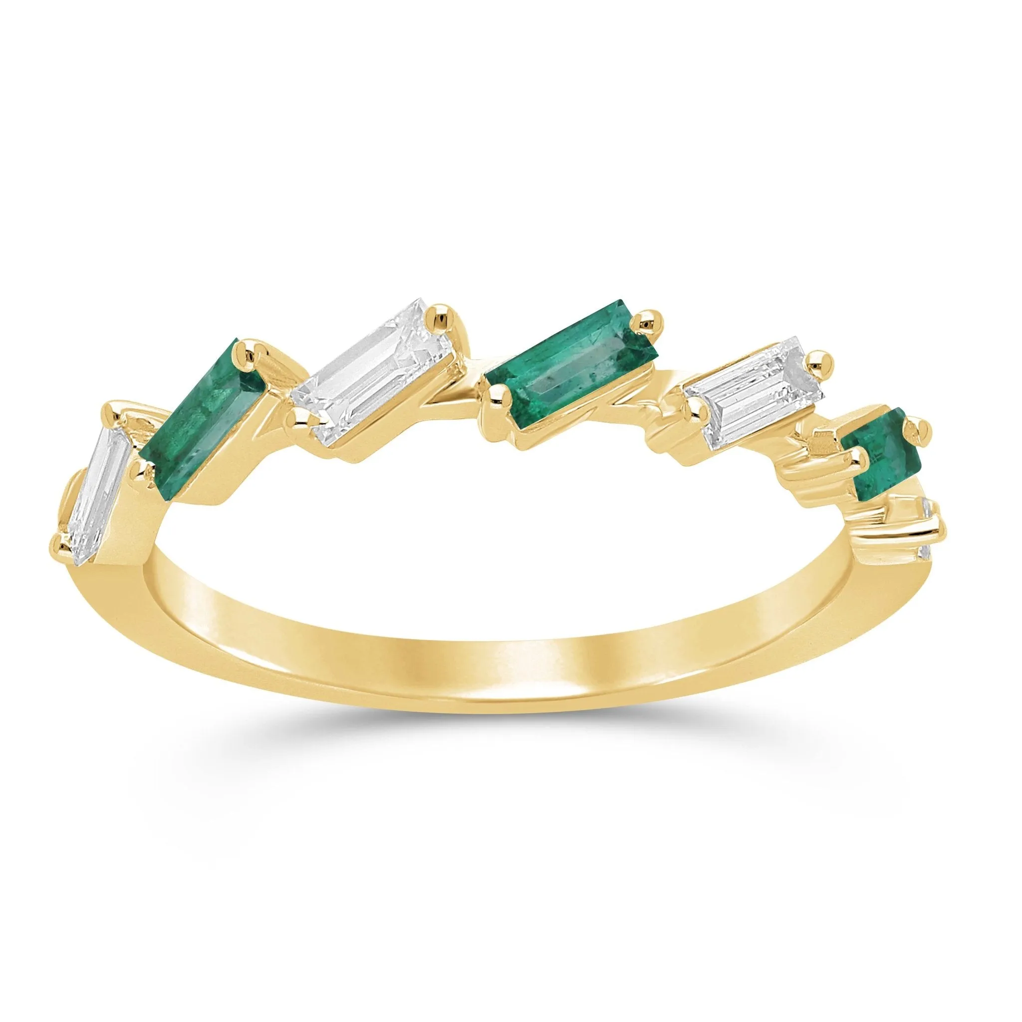 Emerald and Diamond Baguette Alternating Ring - YG
