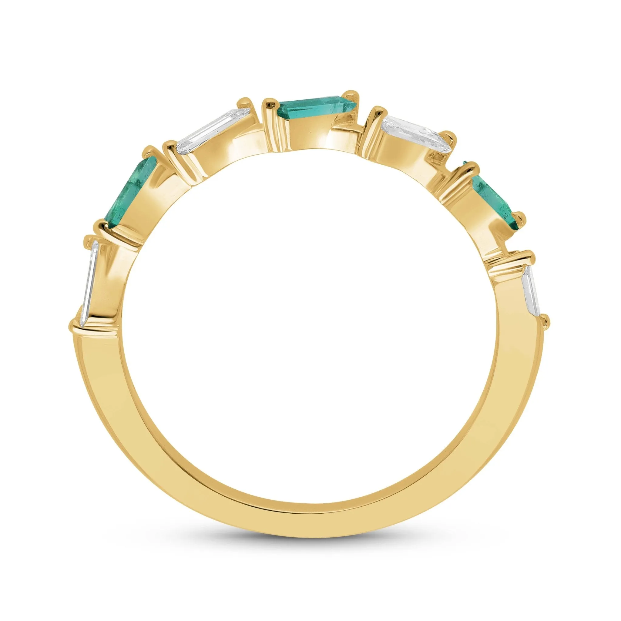 Emerald and Diamond Baguette Alternating Ring - YG