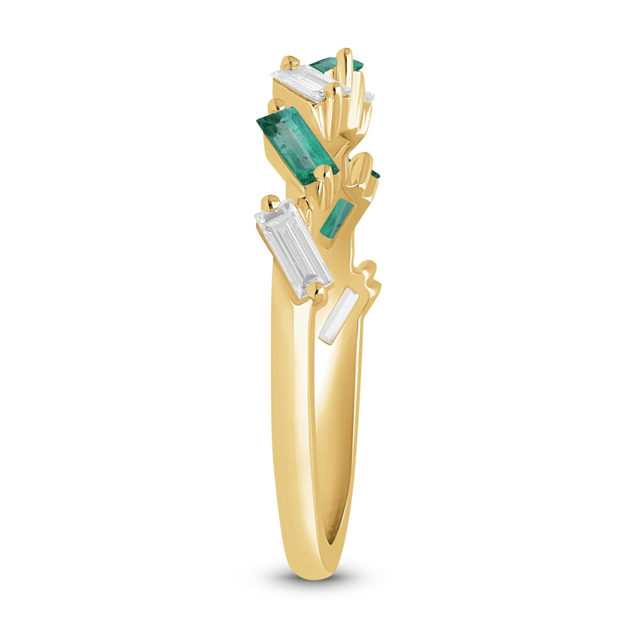 Emerald and Diamond Baguette Alternating Ring - YG