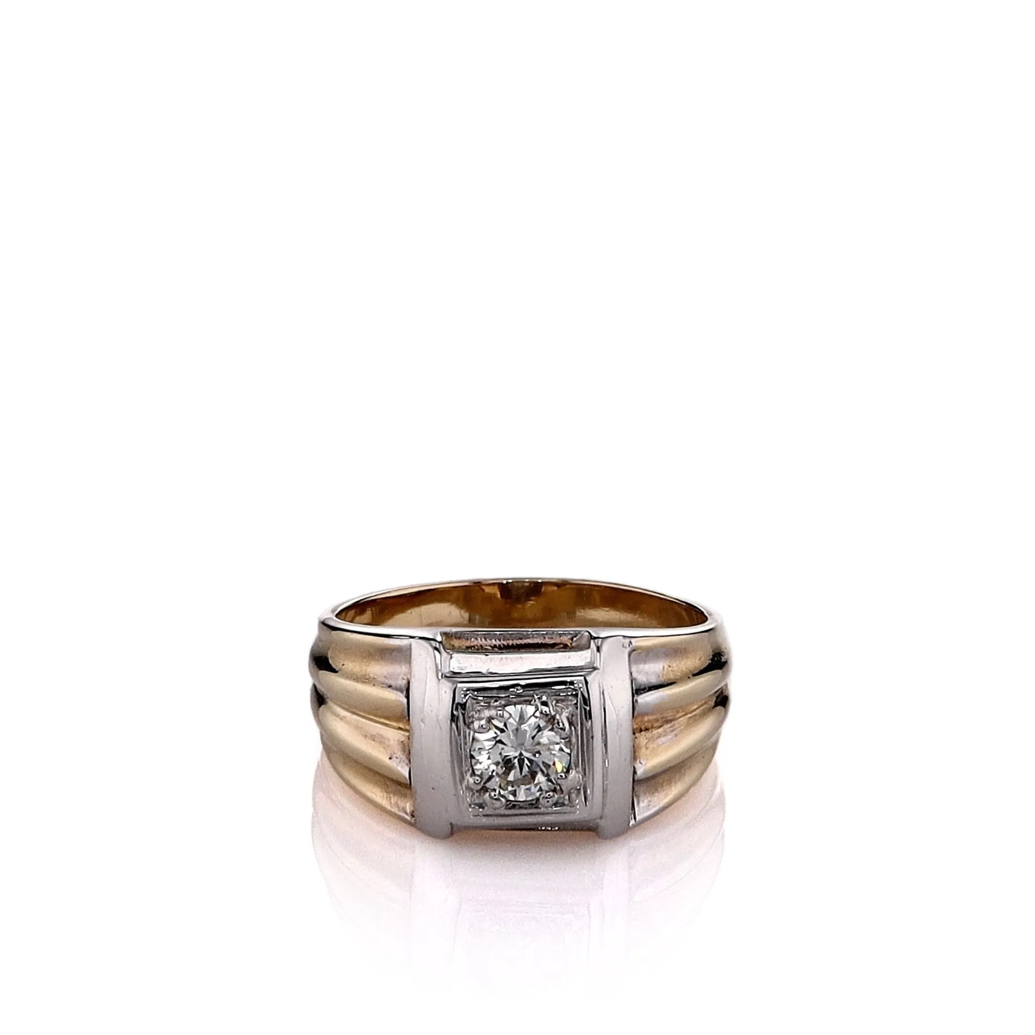 Estate 14k Two-Tone Gents Square Top Ribbed Shank Diamond Ring