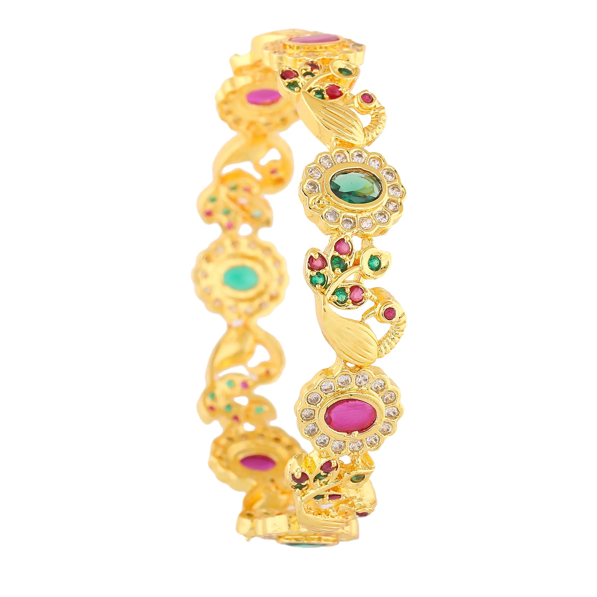 Estele Gold Plated Exquisite Peacock Designer 2:6 Size Bangles with Multi-color American Diamond|Elegant Traditional Jewelry for Women