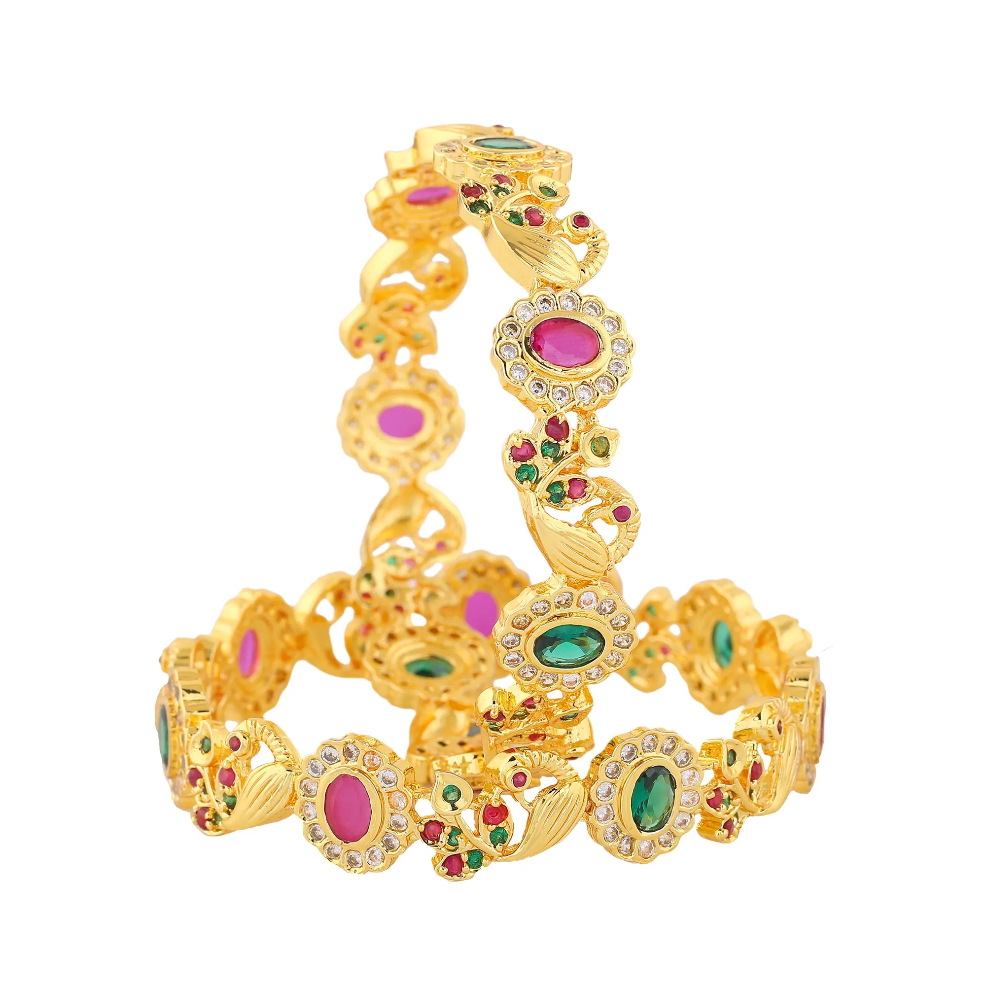 Estele Gold Plated Exquisite Peacock Designer 2:6 Size Bangles with Multi-color American Diamond|Elegant Traditional Jewelry for Women