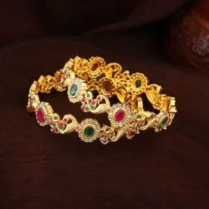 Estele Gold Plated Exquisite Peacock Designer 2:6 Size Bangles with Multi-color American Diamond|Elegant Traditional Jewelry for Women