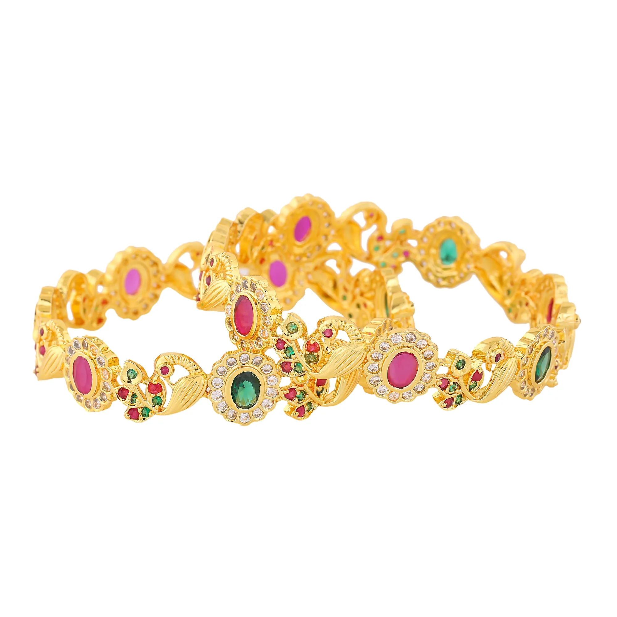 Estele Gold Plated Exquisite Peacock Designer 2:6 Size Bangles with Multi-color American Diamond|Elegant Traditional Jewelry for Women