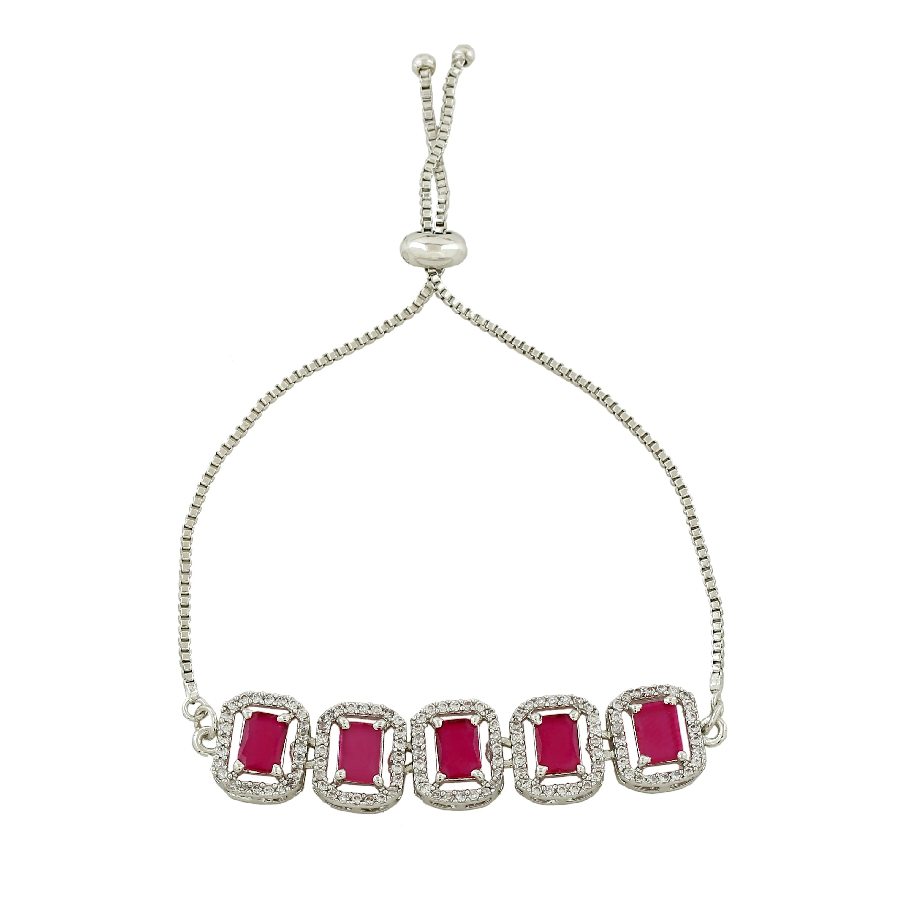 Estele Rhodium Plated CZ Ossum Octagon Bracelet with Ruby Crystals for Women