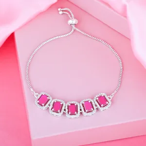 Estele Rhodium Plated CZ Ossum Octagon Bracelet with Ruby Crystals for Women