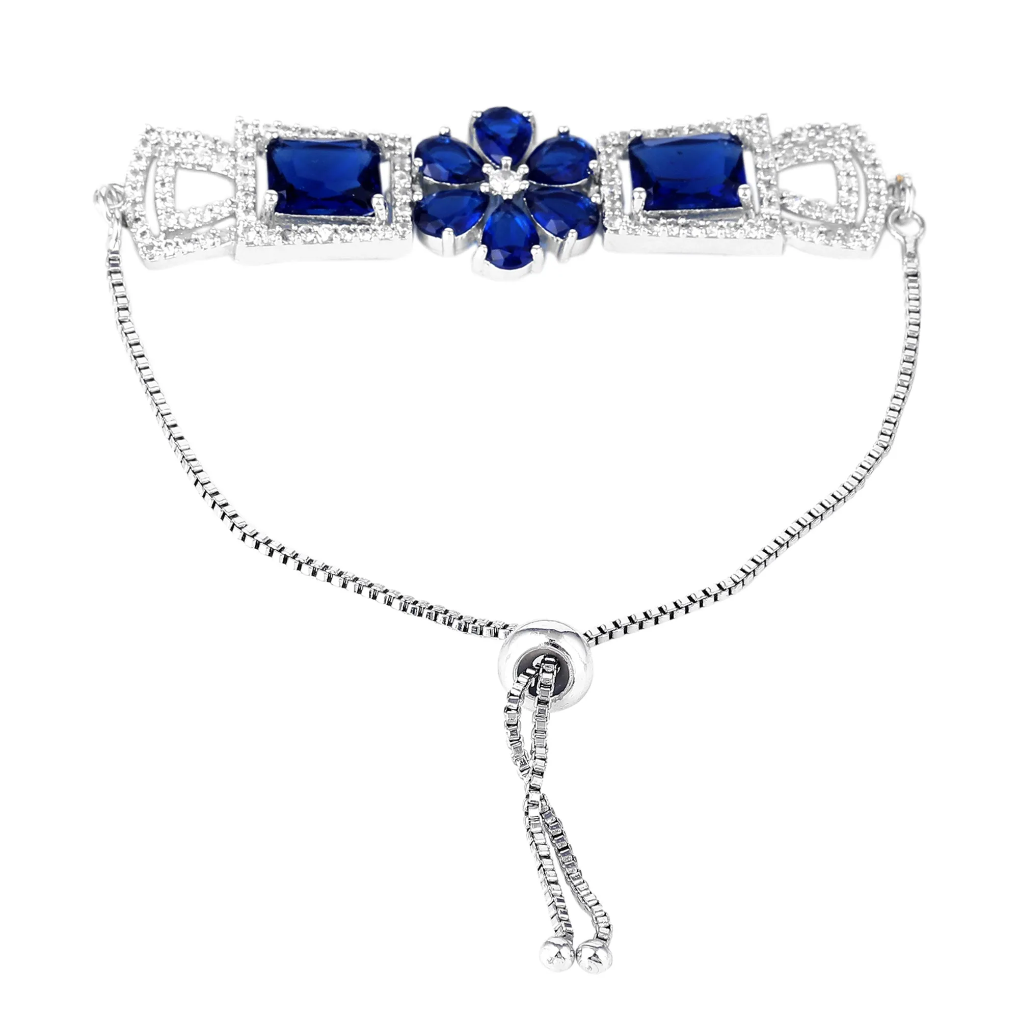 Estele Rhodium Plated Exquisite Floral Motif Enhanced Adjustable Charm Bracelet with Classic Blue American Diamonds for Women