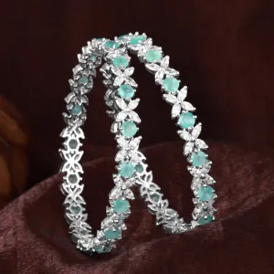 Estele Rhodium Plated Mint Green American Diamond Stylish Floral Bangles| Available in 2:4, 2:6, & 2:8 Sizes | Perfect Fit & Timeless Elegance for Women