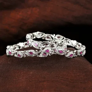 Estele Rhodium Plated Vintage-Inspired Floral & Leafy Designer 2:6 Size Bangles with Ruby Crystals| Traditional Elegance for Women