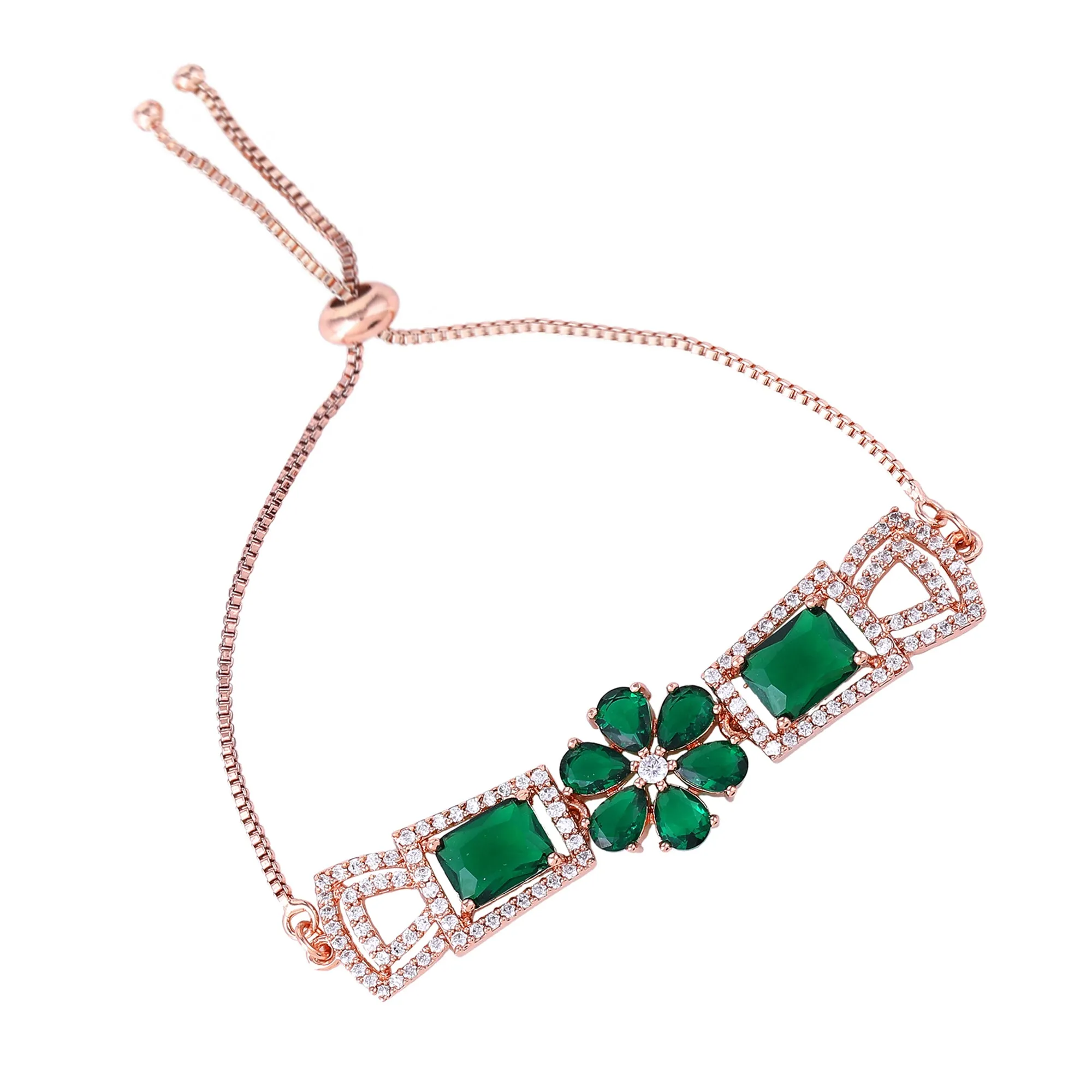 Estele Rosegold Plated Elegant Floral Designer Adjustable Charm Bracelet with Stunning Green American Diamonds for Women