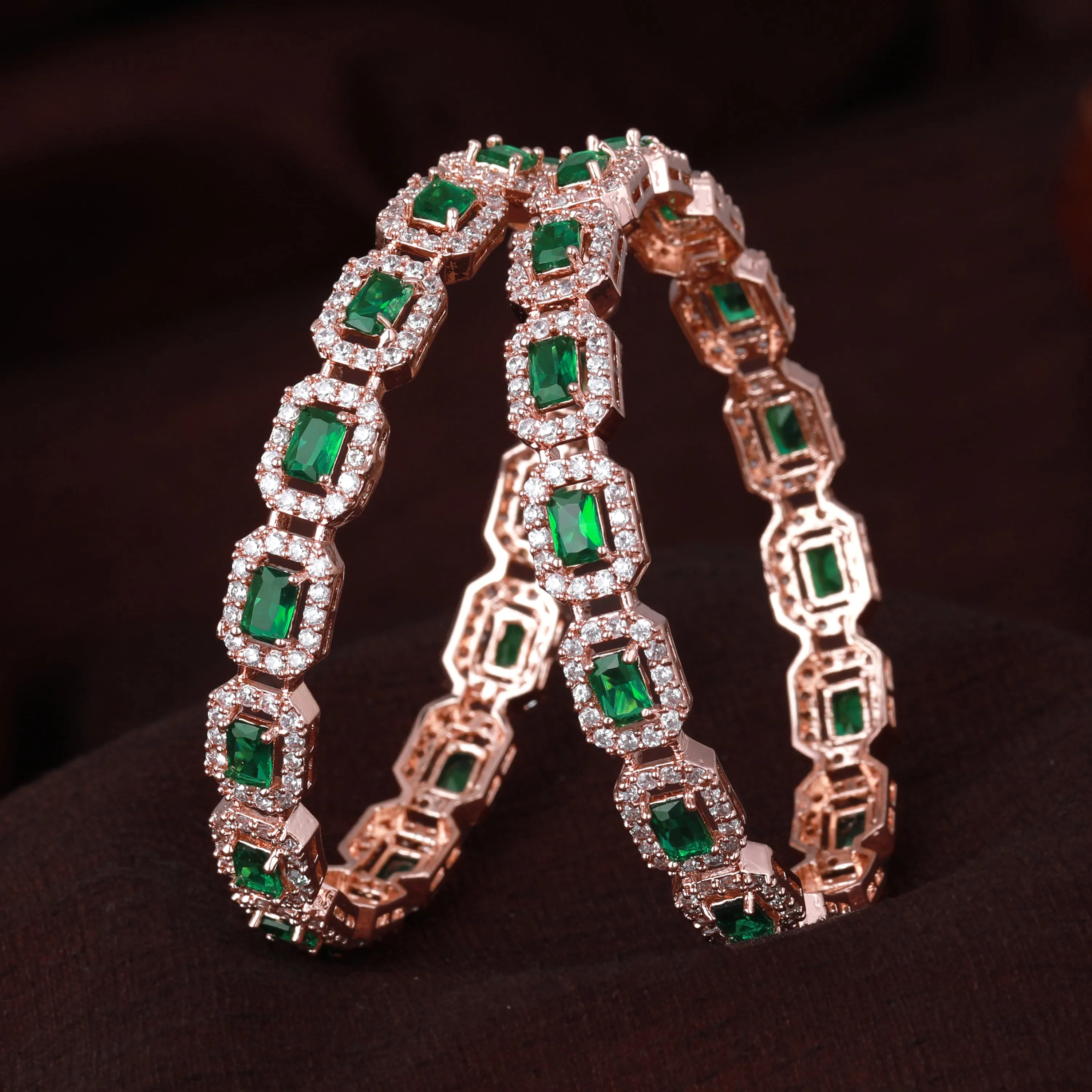 Estele Rosegold Plated Marvelous Green American Diamond Bangles | Available Sizes 2:4, 2:6, & 2:8| A Unique Statement of Style & Grace