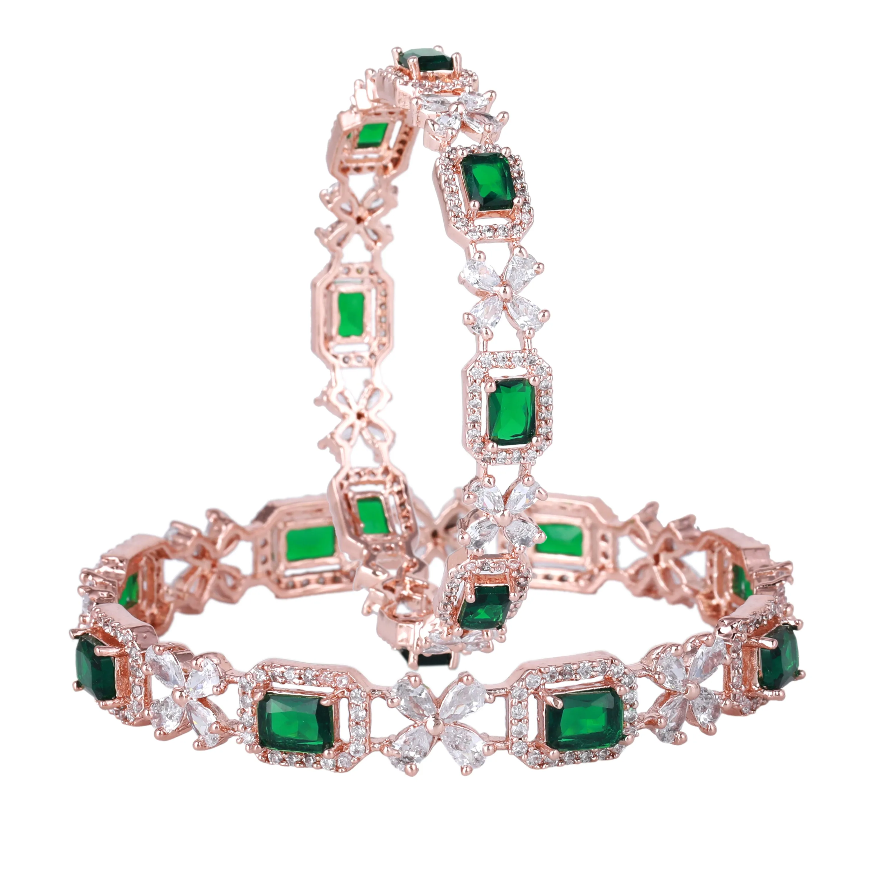 Estele Rosegold Plated Mesmerizing Green American Diamond Bangles|Available in 2:4, 2:6, & 2:8 Sizes|Perfect Blend of Glamour & Elegance for Women
