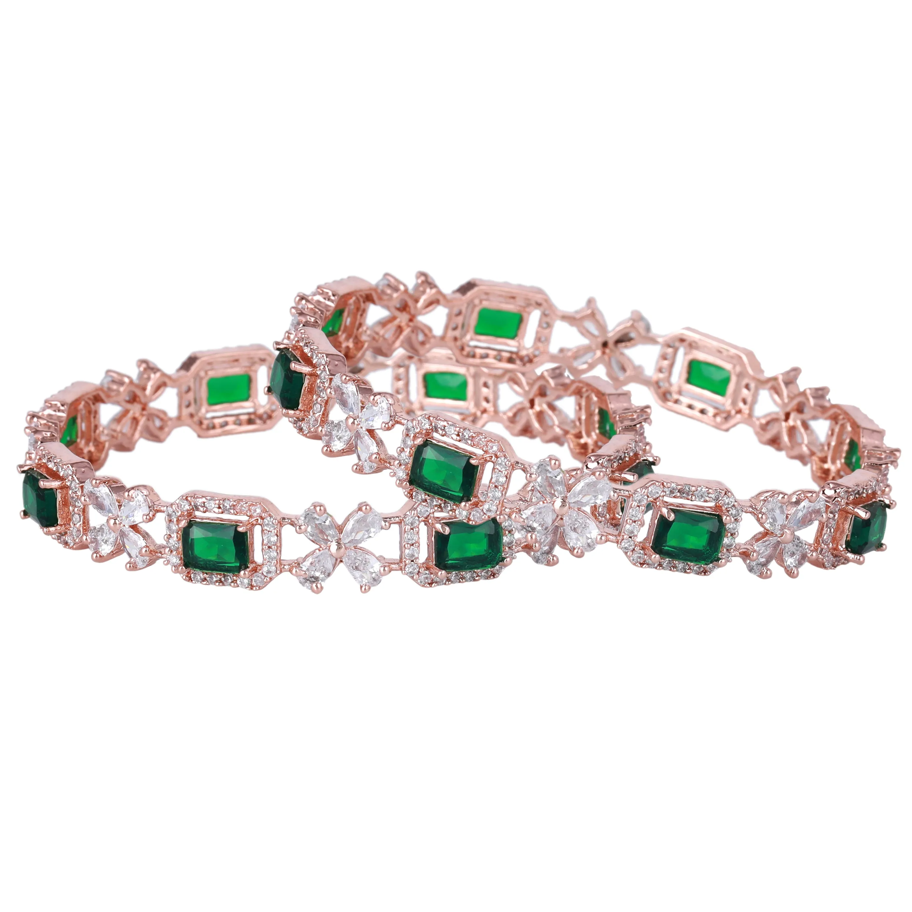 Estele Rosegold Plated Mesmerizing Green American Diamond Bangles|Available in 2:4, 2:6, & 2:8 Sizes|Perfect Blend of Glamour & Elegance for Women