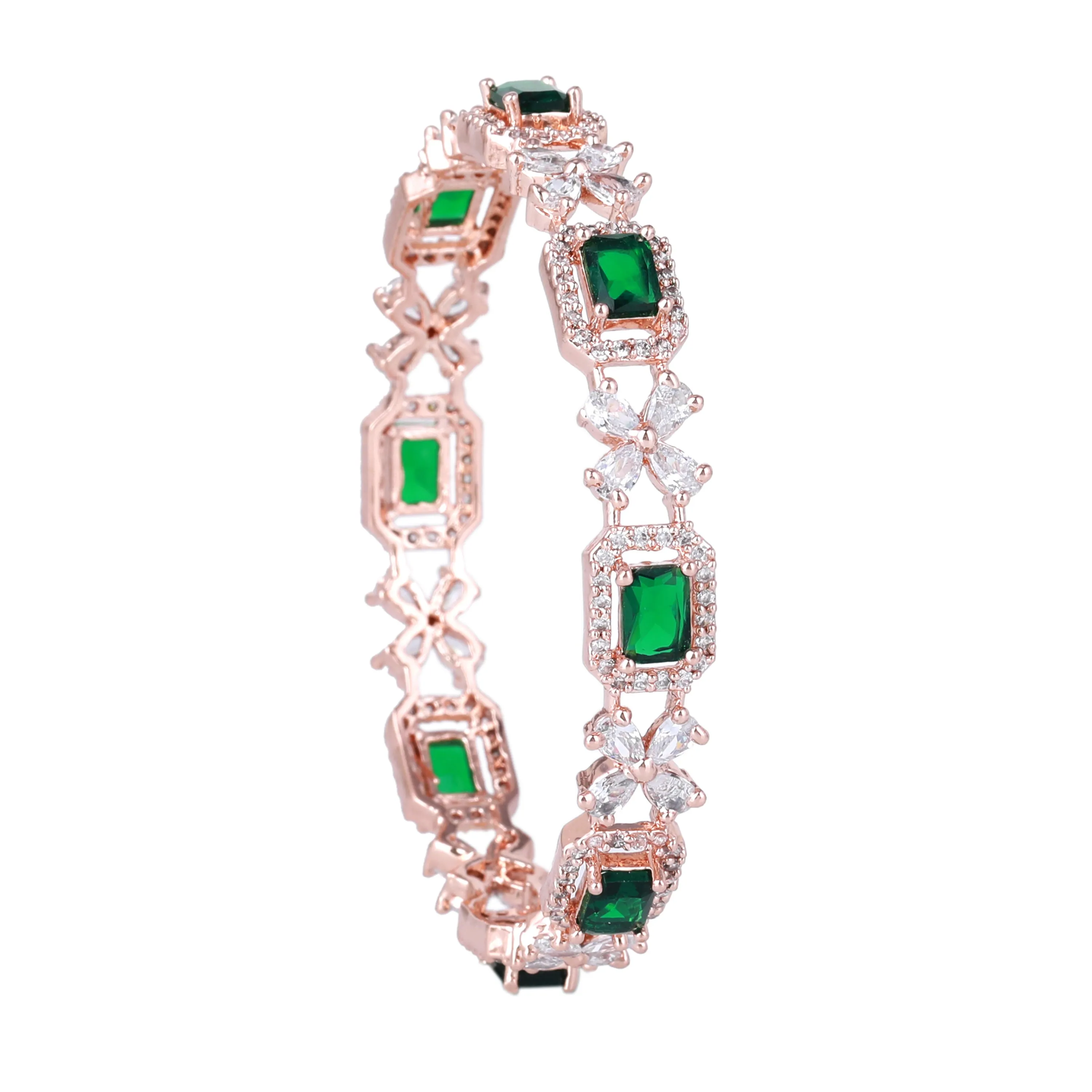 Estele Rosegold Plated Mesmerizing Green American Diamond Bangles|Available in 2:4, 2:6, & 2:8 Sizes|Perfect Blend of Glamour & Elegance for Women