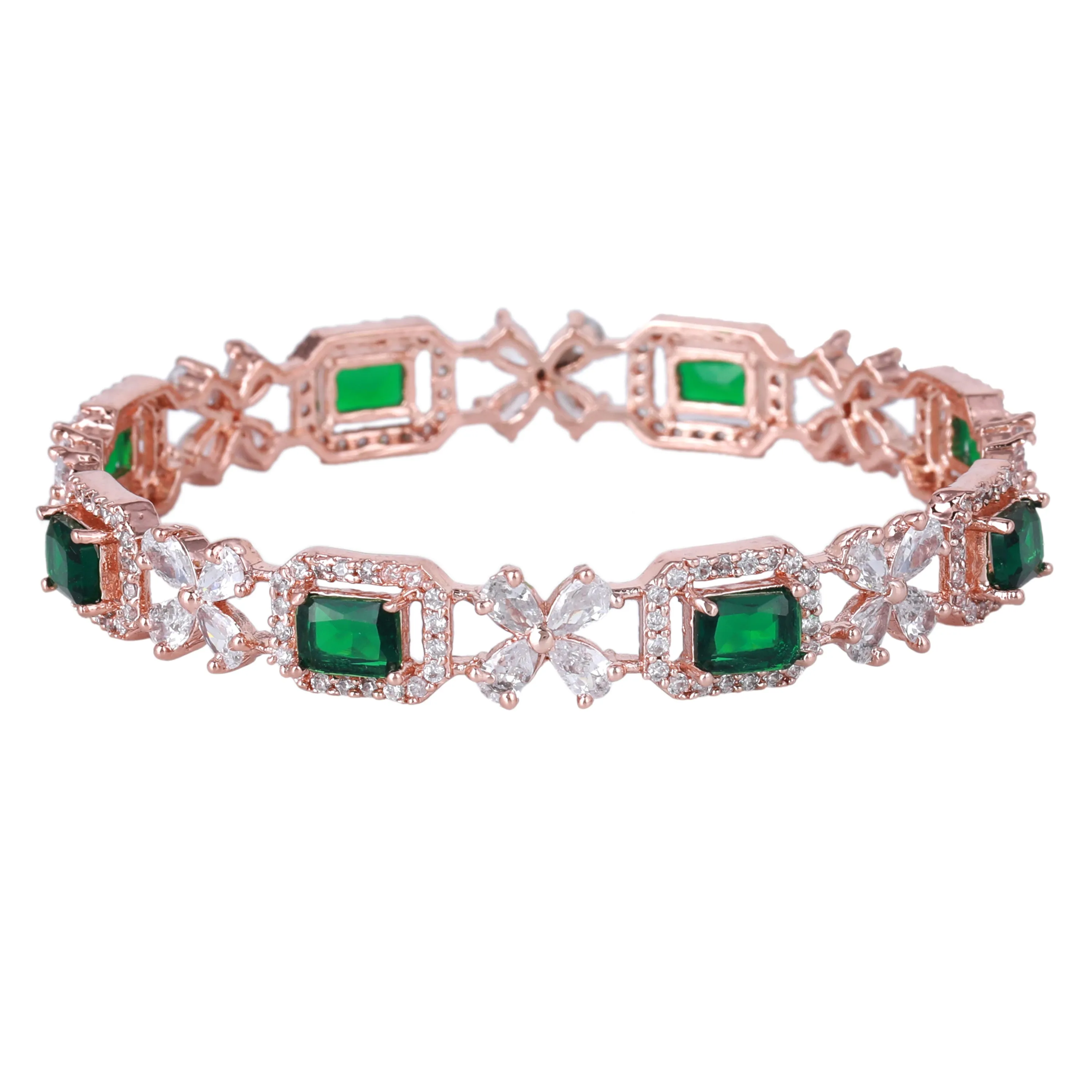 Estele Rosegold Plated Mesmerizing Green American Diamond Bangles|Available in 2:4, 2:6, & 2:8 Sizes|Perfect Blend of Glamour & Elegance for Women