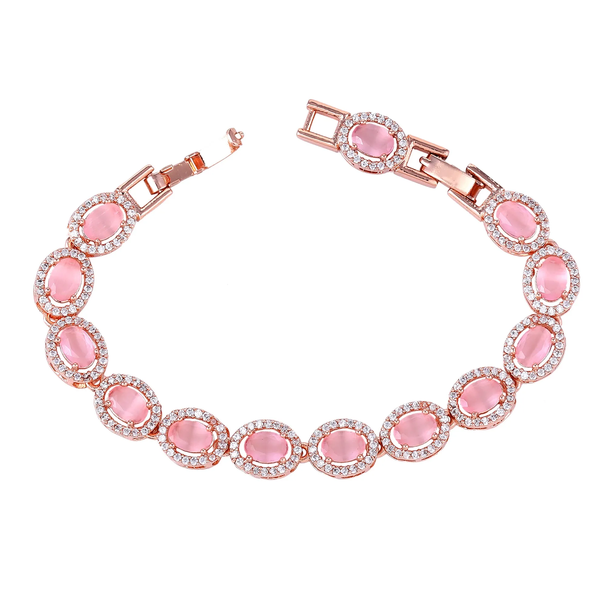 Estele Rosegold Plated Radiant Mint Pink American Diamonds Adorned Charm Bracelet|Elegant Sparkle for Women