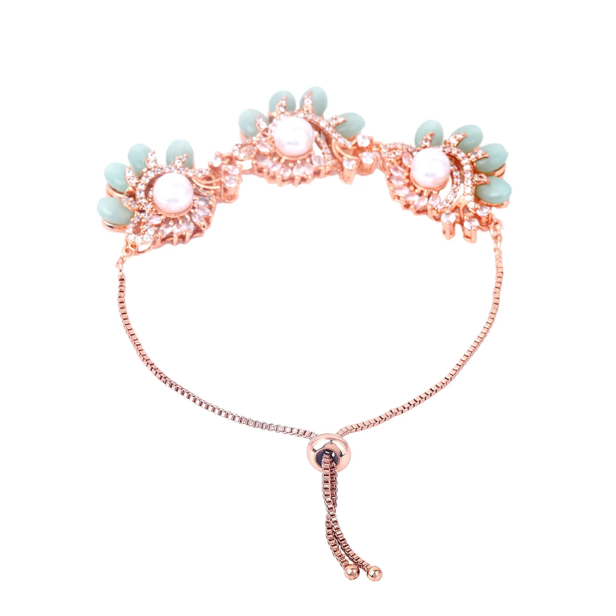 Estele Rosegold Plated Shiny Mint Green Beads Accented Adjustable Varya Bracelet|Modern Charm with Classic Beauty for Women