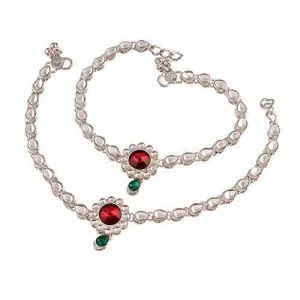 Etnico Rhodium Plated Kundan & Stone Studded Payal/Anklets for Women & Girls (A019S)