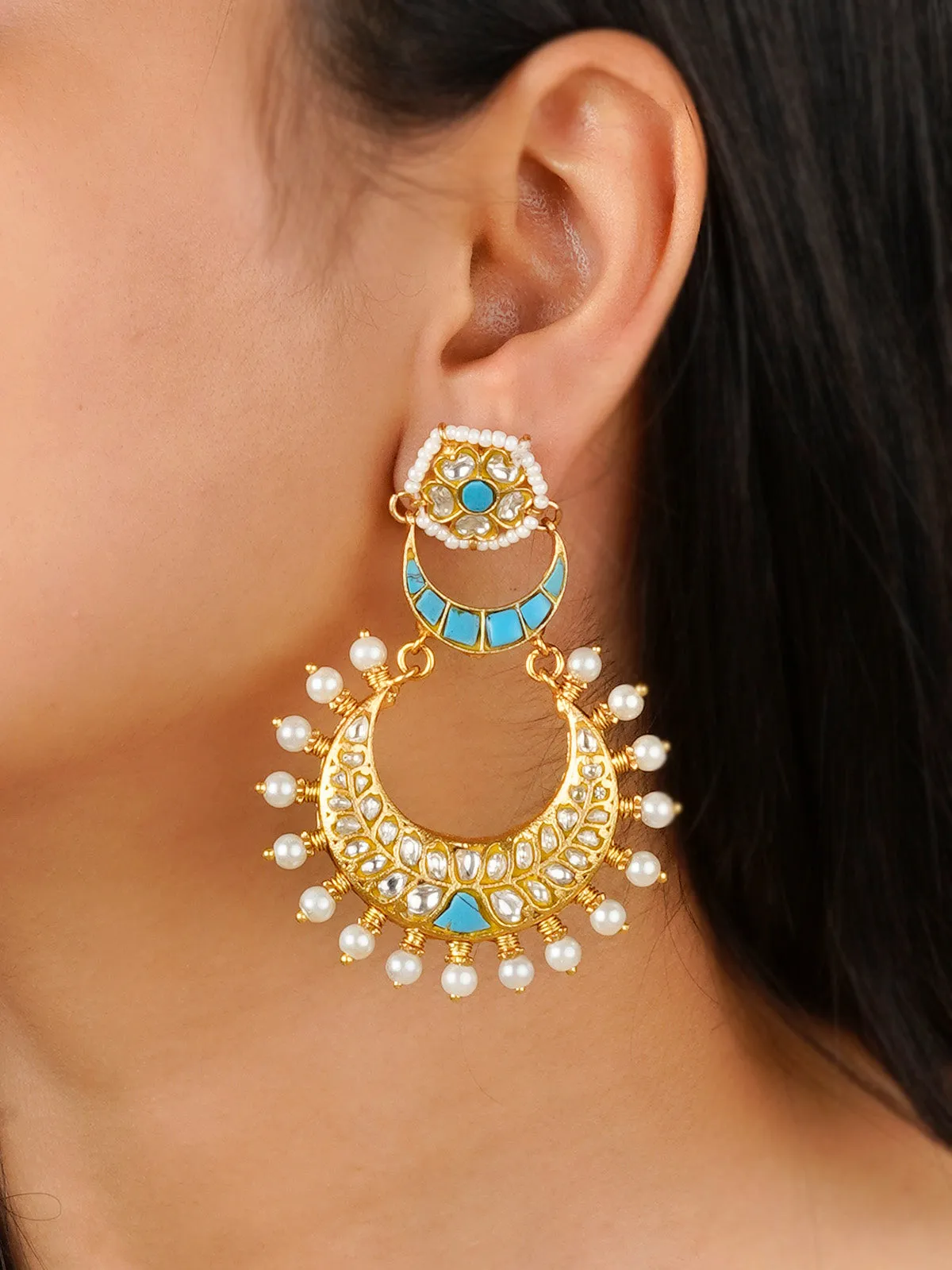 Firoza Color Gold Plated Thappa Jadau Kundan Earrings - TJ-E102WF